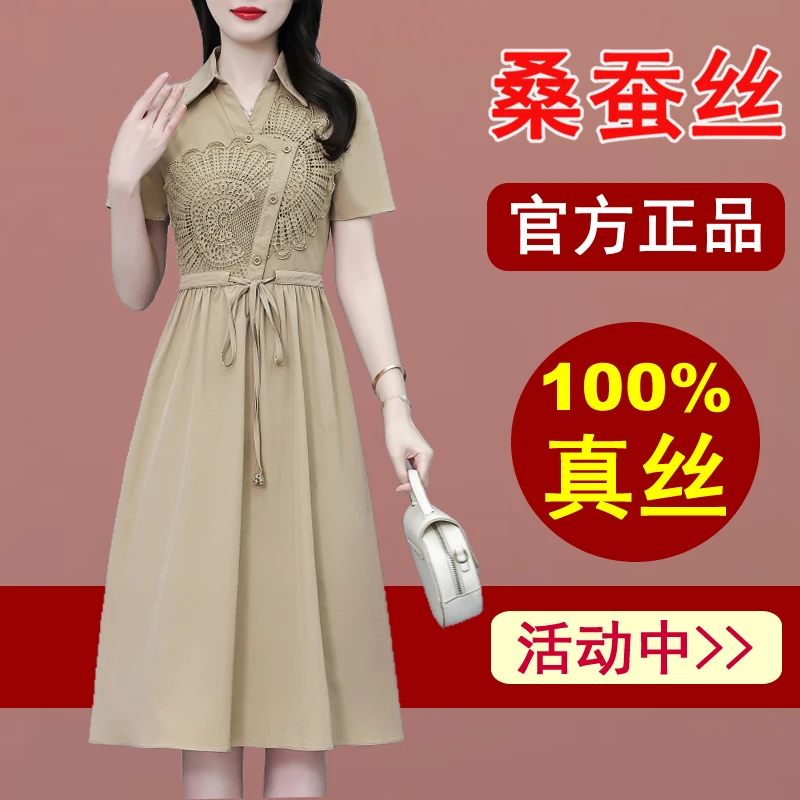 真丝桑蚕丝连衣裙女2025新款广州十三行大牌气质微胖a字收腰裙子