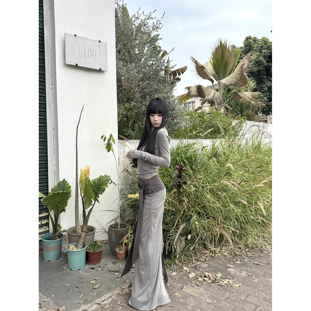 春季辣妹打底衫灰色T恤上衣+半身包臀长裙两件套装裙子
