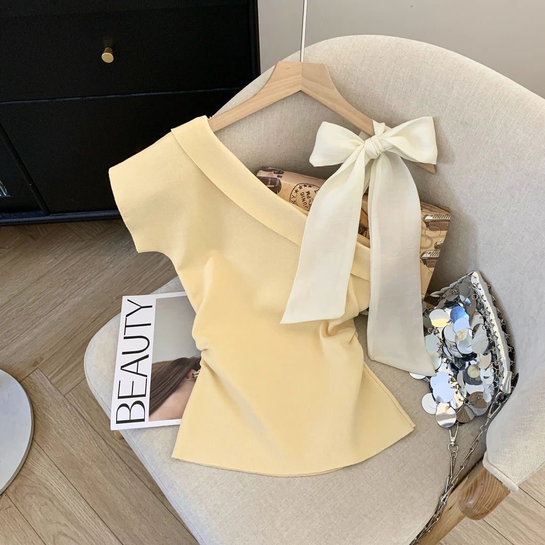 斜肩小性感蝴蝶结针织短袖夏季修身显瘦短款上衣女51966