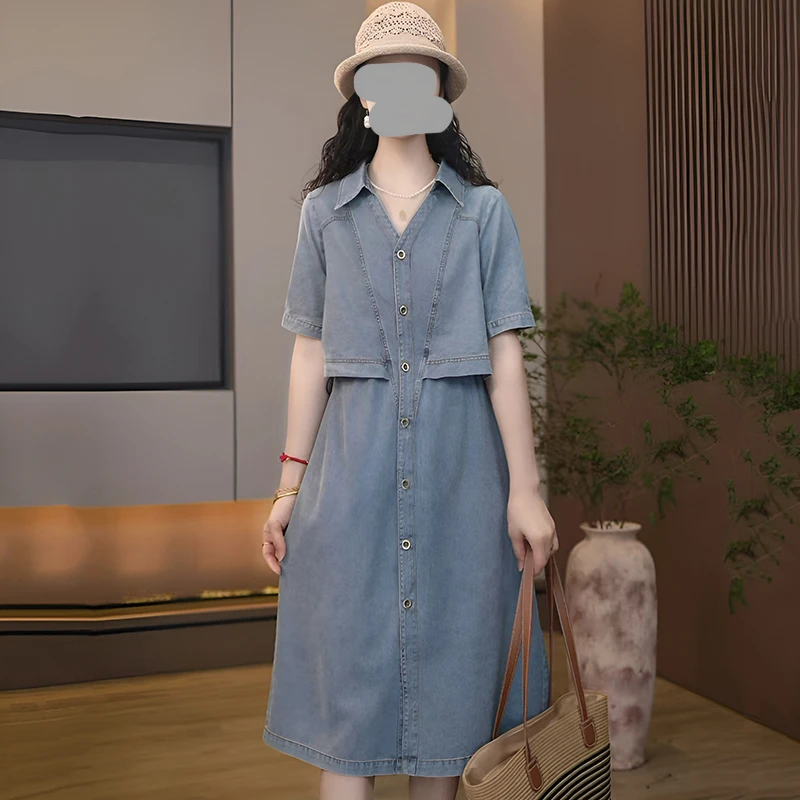 2025夏季新款时尚休闲翻领假两件连衣裙韩版宽松显瘦中长款牛仔裙