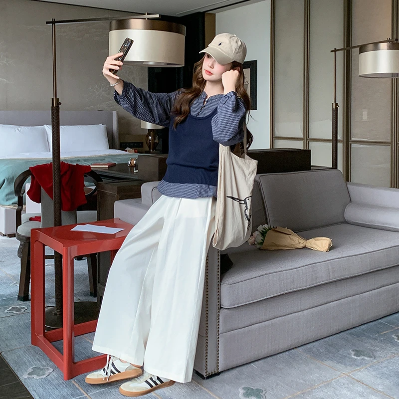 春季一整套高级感大方得体穿搭针织吊带格子衬衫阔腿裤三件套装女