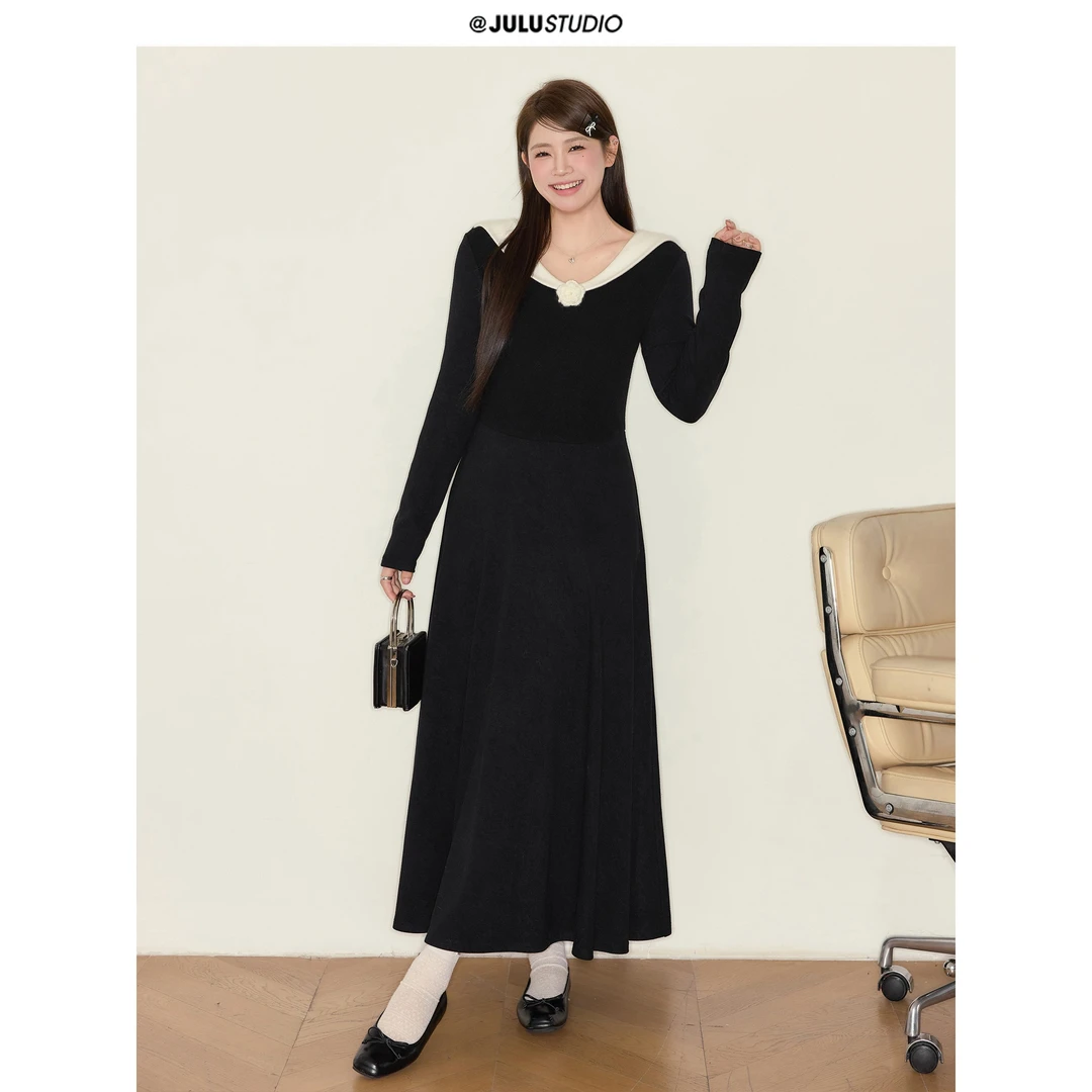 巨鹿工作室“新桥恋人”微胖mm法式风情显瘦小黑裙大码小香连衣裙