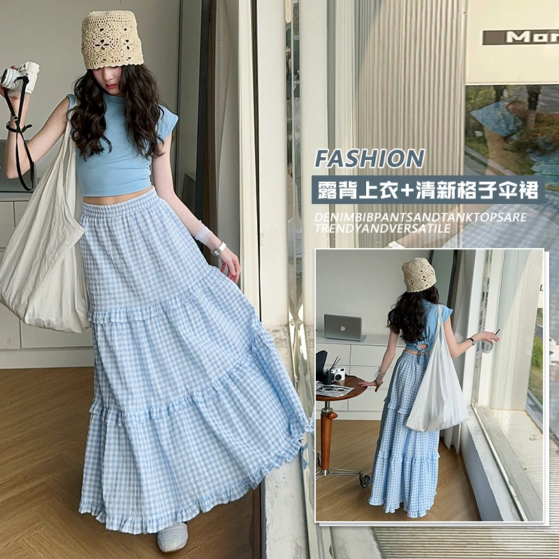 【嘻嘻柚】女童短袖上衣甜美温柔风格子蛋糕裙两件套夏季宽松格纹裙