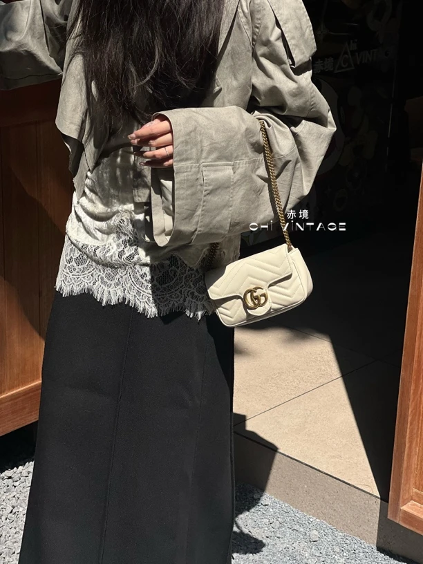 99新 GUCCI/古驰 6360  白金马蒙迷你marmont mini斜挎包