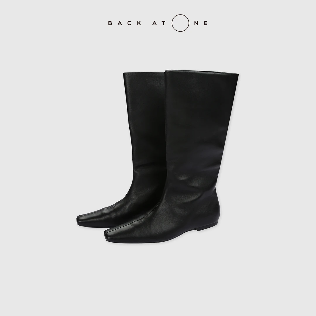 BACKATONE“闪耀女王”奢级羊皮黑色修饰腿型直筒靴 BFF-7FL332Q-K