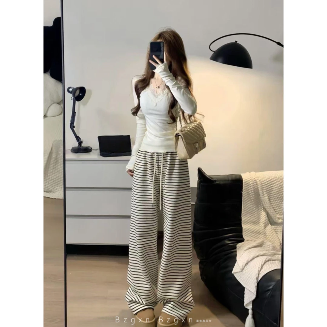 高个子175慵懒风黑白条纹直筒休闲裤女秋冬180显瘦毛巾绒阔腿裤子