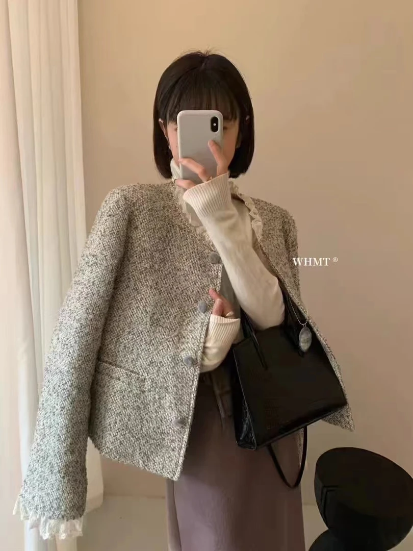 法式蕾丝花边毛呢外套女冬季气质甜美短款毛呢子棉服上衣潮