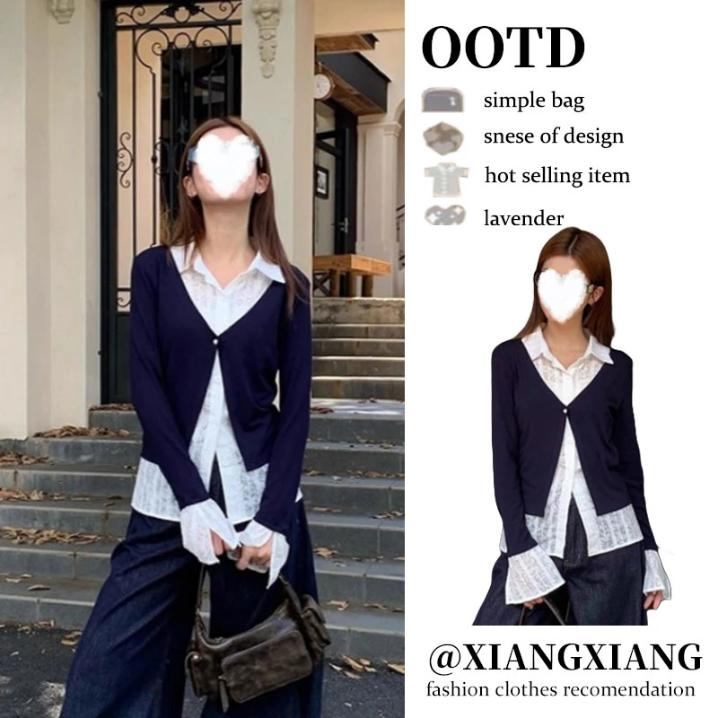 polo领假两件长袖T恤女2025秋季新款宽松显瘦衬衫拼接上衣气质