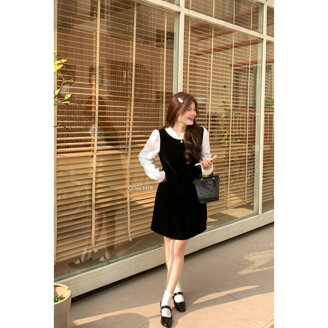 青屿衫-微胖大码冬季法式气质赫本风丝绒收腰小黑裙假两件连衣裙