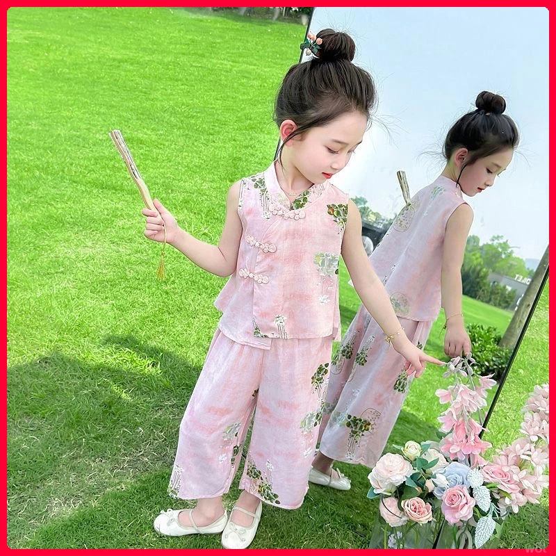 戴维贝拉无袖上衣洋气汉服女女童夏装套装新款优选2025洋气夏季宝