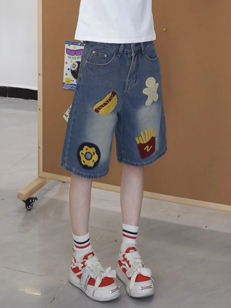 ROSE潮牌美式复古百搭宽松高街直筒百搭水洗五分薯条毛巾绣牛仔裤