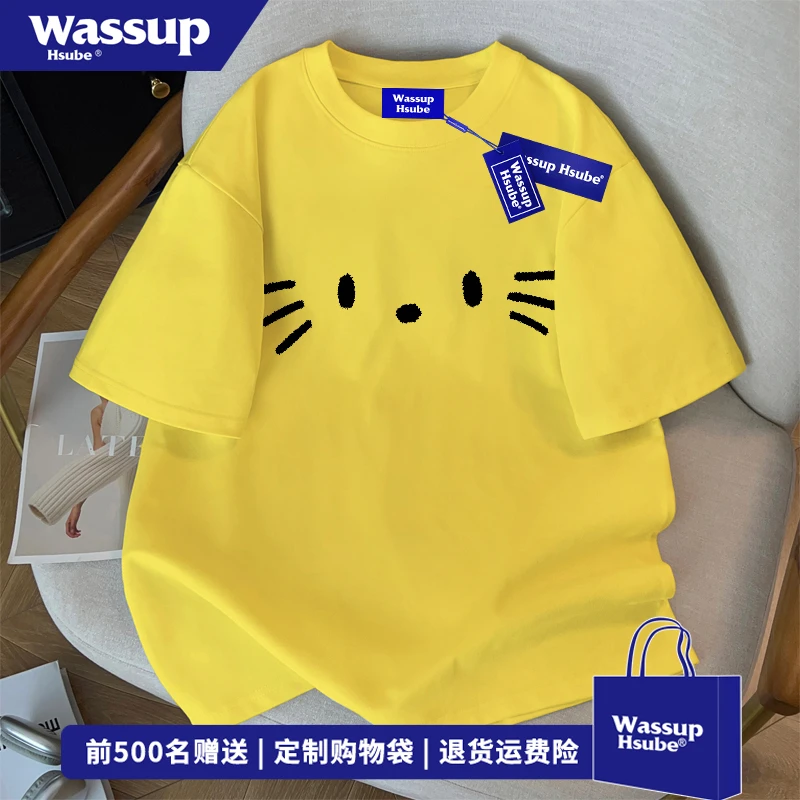 WASSUP HSUBE简约小猫印花短袖T恤男女夏季趣味宽松黄色纯棉上衣