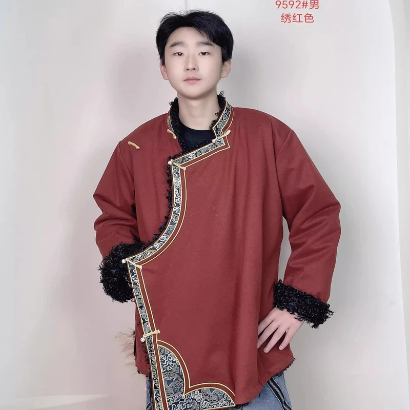 2024新款藏族服装男士外套加厚藏式棉衣刺绣金卡边手工扣男款冬装