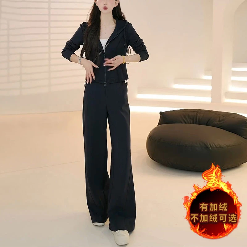 网红炸街爆款设计感减龄气质连帽开衫上衣阔腿裤休闲运动套装女