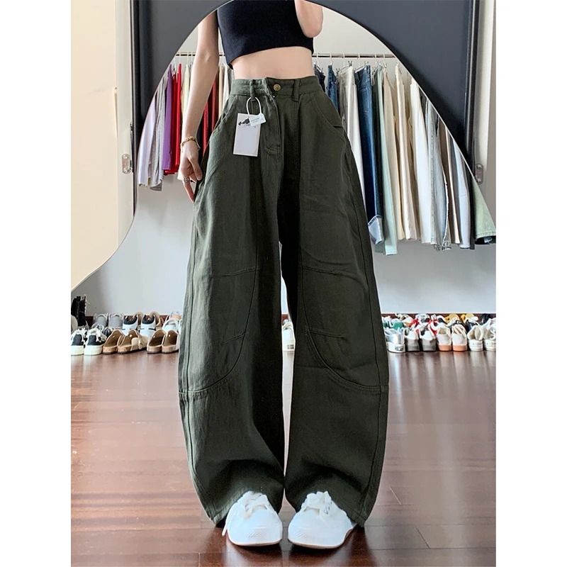 大码美式复古军绿色弯刀牛仔裤女夏季街头高级松弛廓形宽松工装裤