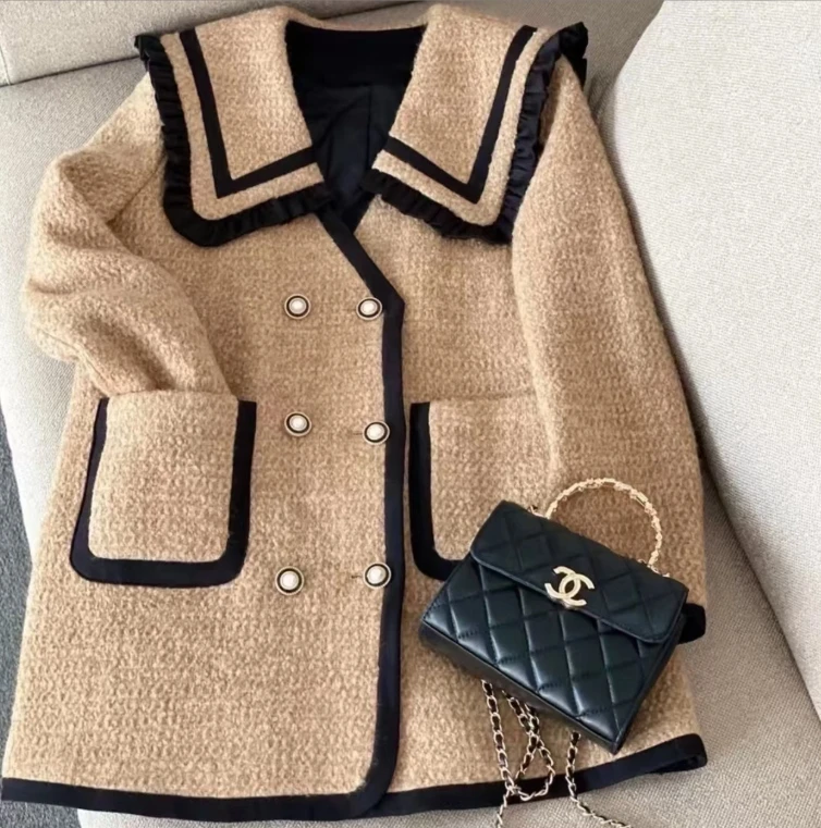 575-洋气百搭时尚粗花呢圆领长袖小香风外套