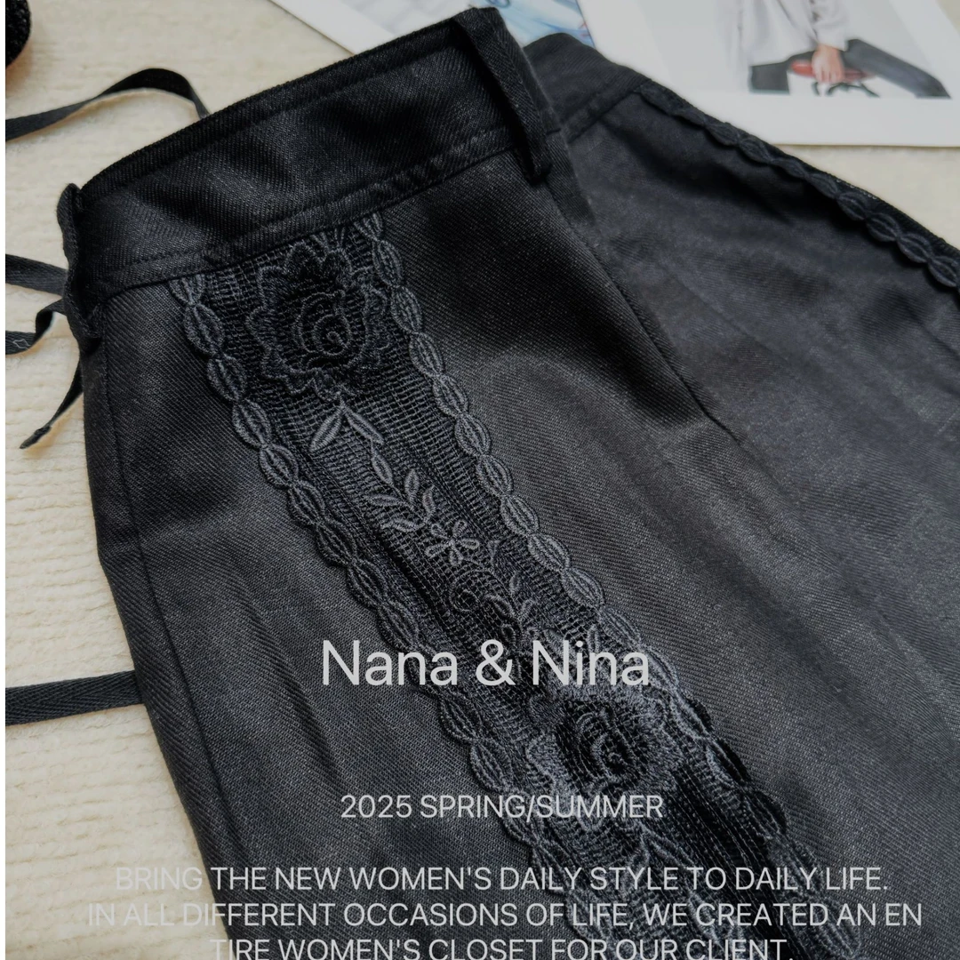 春季阔腿裤高腰拼接长裤休闲裤蕾丝休闲短裤麻料薄款宽松抽绳夏季