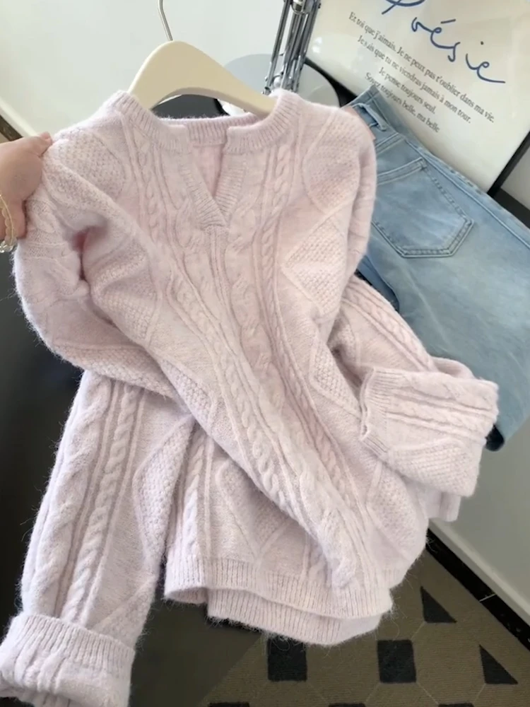 【现货】韩系温柔风粉色v领针织衫女秋冬新款毛衣慵懒高级感上衣