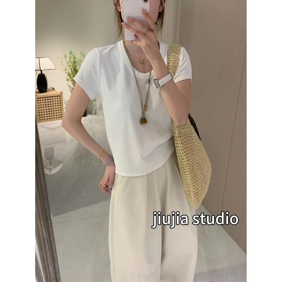 九佳 绝美鸡蛋领~休闲显瘦闲百搭内搭时尚短袖打底衫短袖T恤