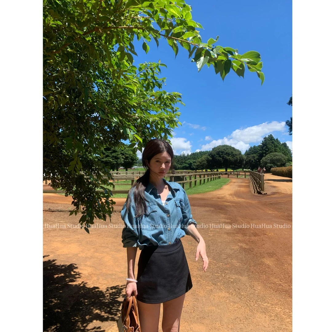 【花花】单宁衬衫~做旧水洗早秋双口袋宽松休闲牛仔衬衫