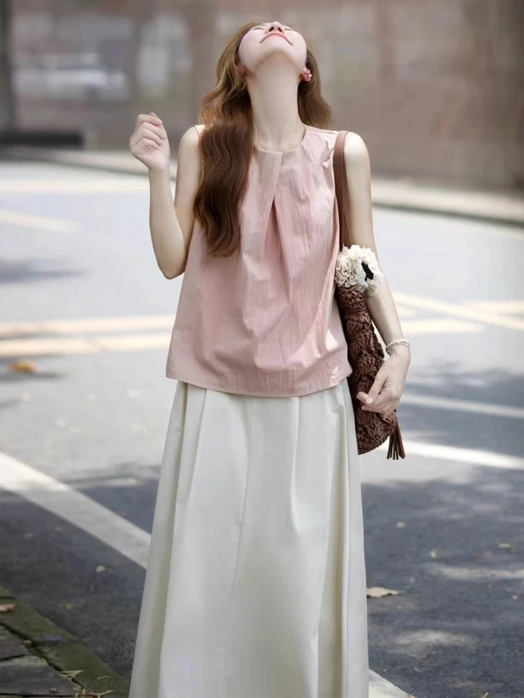 法式甜美风活泼减龄粉色无袖衬衫女夏季新款高腰A字半身裙两件套