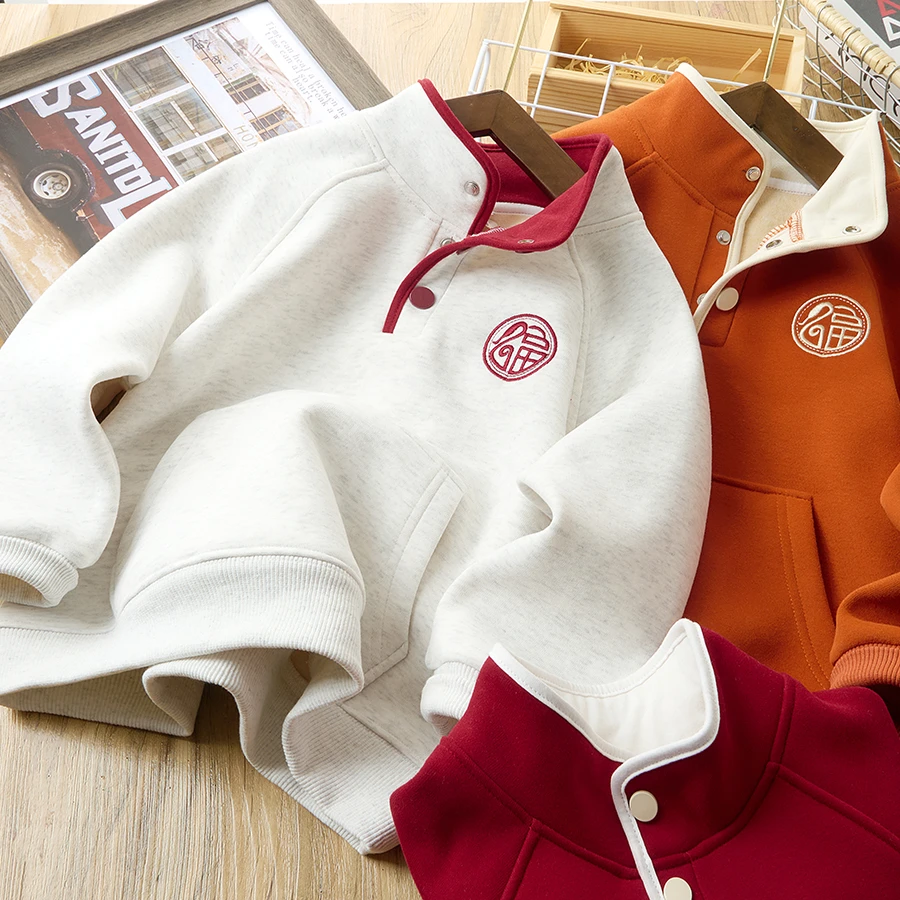 儿童加绒卫衣新款国潮风男童女童立领保暖上衣冬装打底衫6189