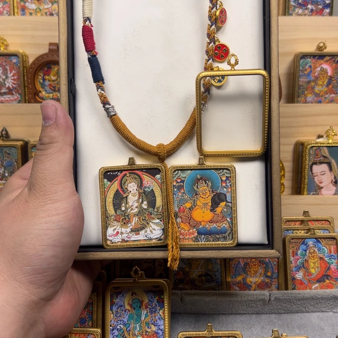 吊坠黄财神加普贤双面铜壳唐卡