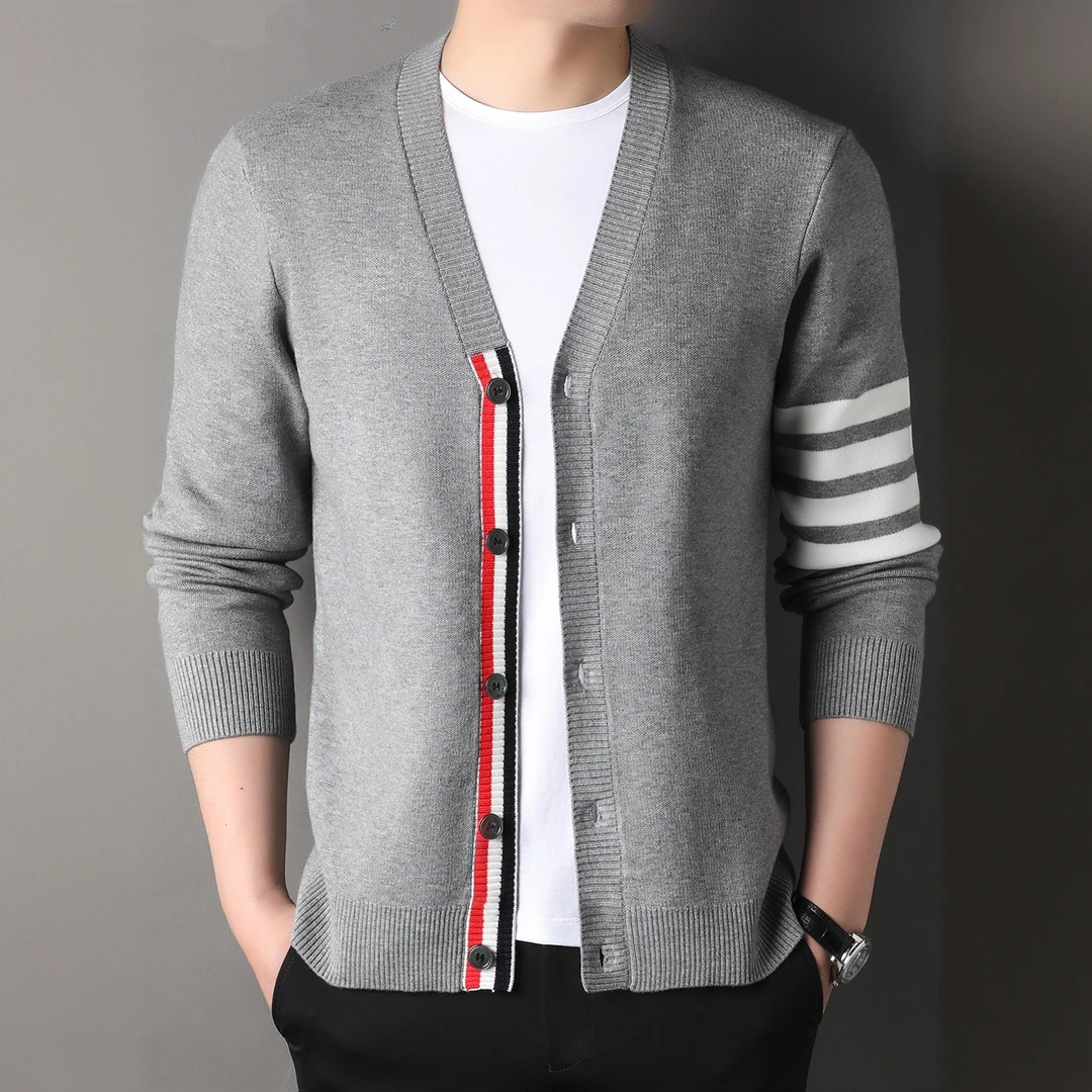 塔姆达鲁亚时尚针织开衫男士薄款韩版潮流条纹宽松休闲毛衣外套