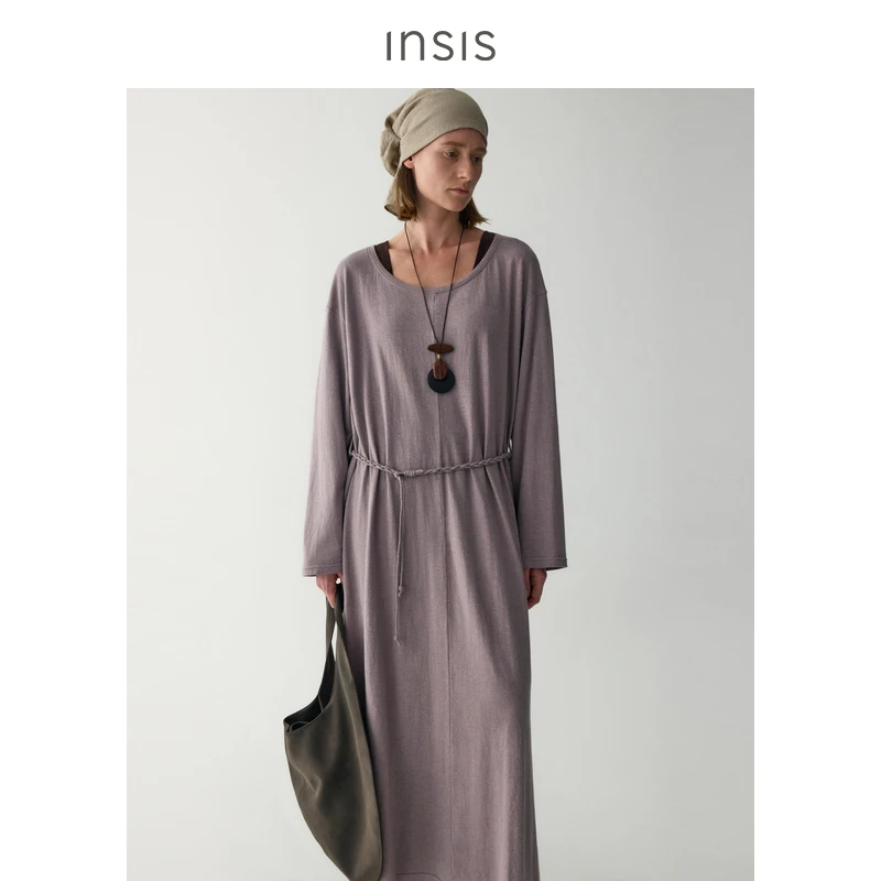 INSISFEMME北欧文艺风有机棉汉麻2025春季编织腰带针织连衣裙女