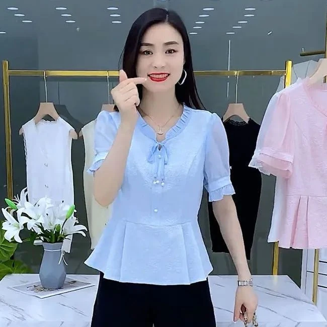 【1438人好评】提花雪纺衬衫女短袖薄款夏季2024新款小个子垂坠感C