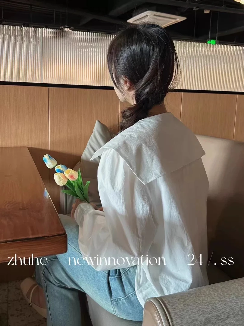 美美推荐1110 法式休闲极简学院风海军领娃娃领飘带白色衬衫上衣