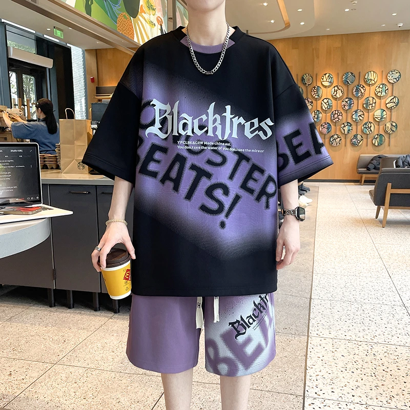短袖短裤套装男夏季青少年休闲运动服T字母印花半袖t恤男一套搭配