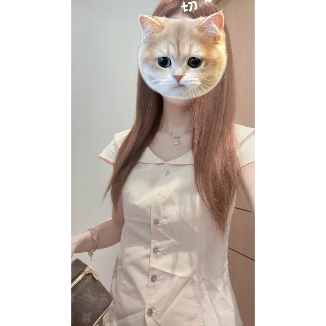 上衣绵冰大领口翻领白色泡泡袖短袖衬衫女夏设计感小飞袖收腰衬衣