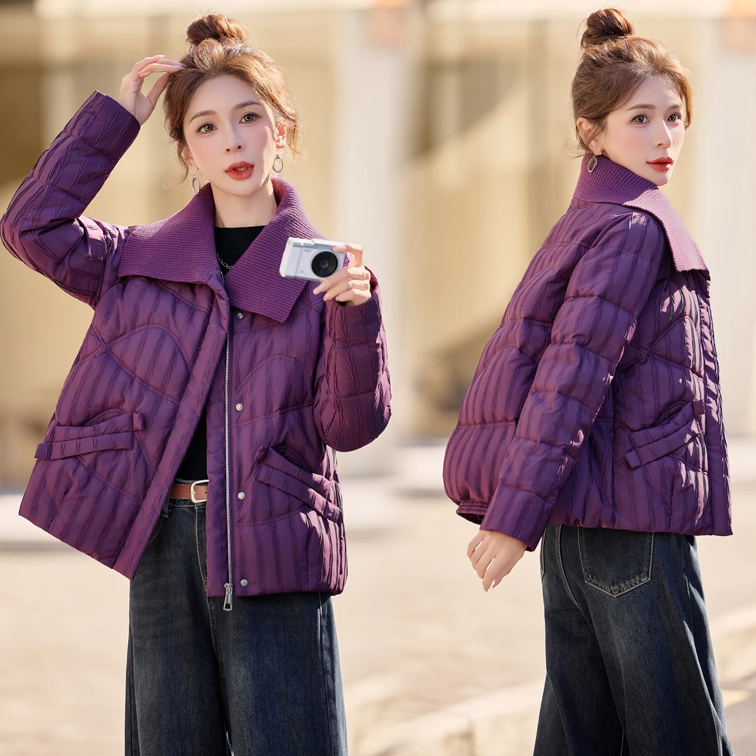 设计感针织拼接翻领羽绒服女2025年冬季新款小个子白鸭绒短款外套