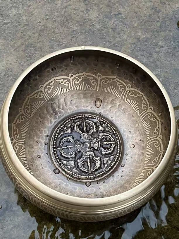 尼泊尔颂钵十字金刚降魔杵 15cm(配圈垫和皮棒）手工茶道鎏金雕刻