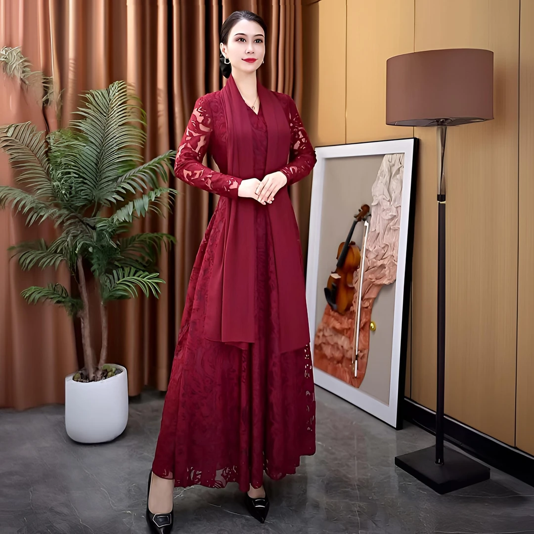 香衣丽华28A-酒红剪花秋季新长袖交叉V领花色大摆连衣裙修身显瘦