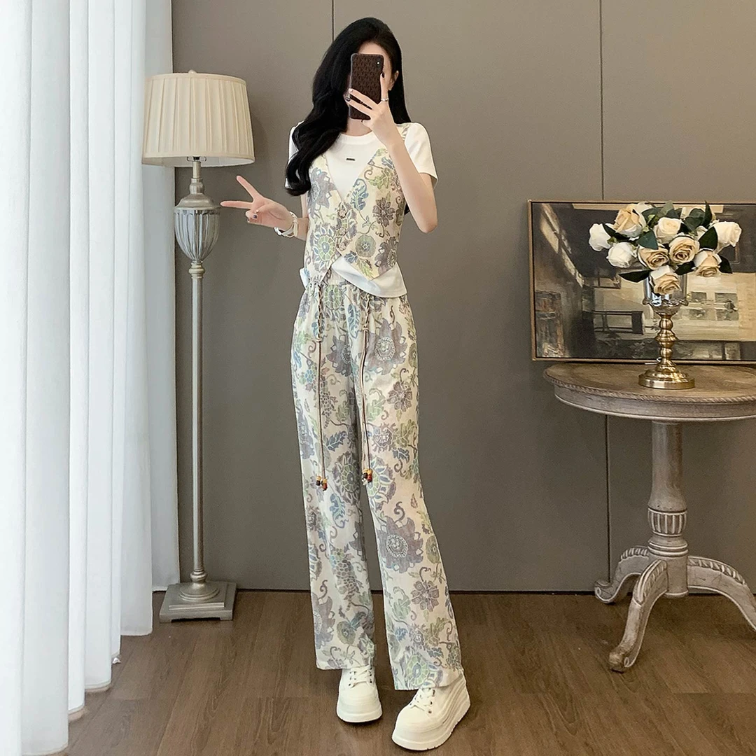 重工减龄时尚套装女夏设计感圆领印花马甲假两件套阔腿长裤两件套