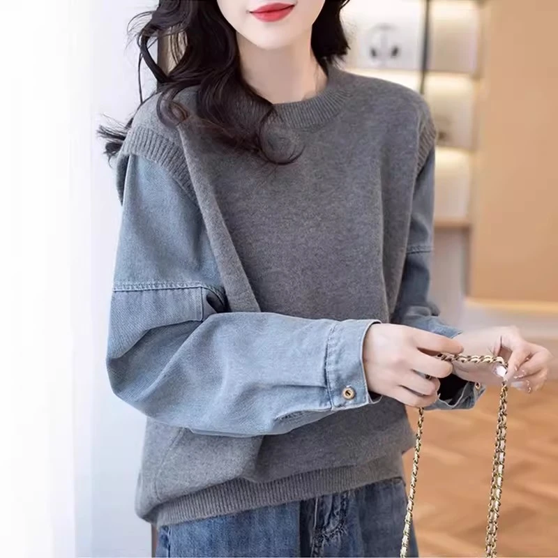 牛仔袖拼接假两件毛衣女2025年新款春秋爆款宽松针织衫加厚上衣