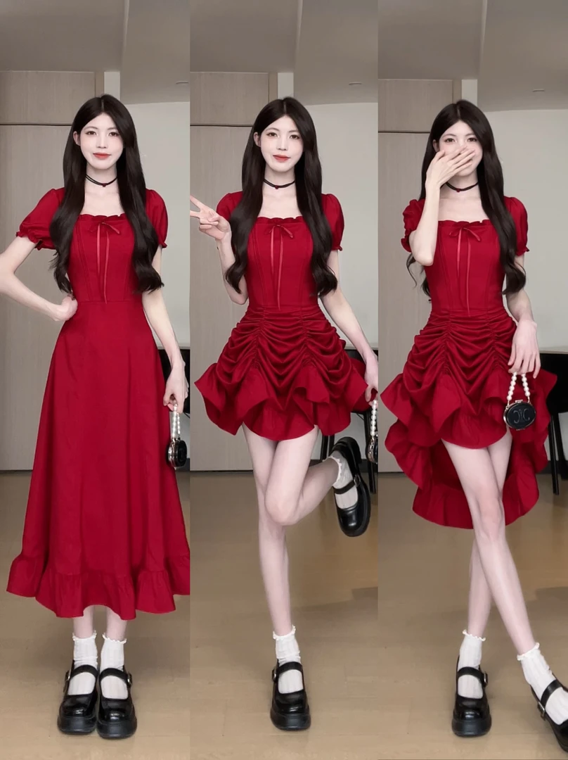 松本丧丧红色方领纯色长裙气质感收腰短款显瘦连衣裙B251Q0812