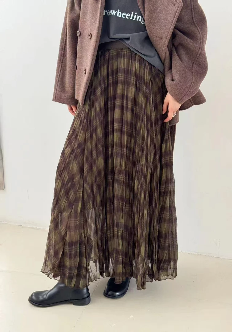 欧若风丁达尔裙6米大摆飘逸感不规则格子半身裙女3213