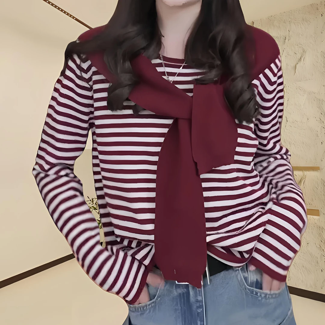 2025早春新款时尚宽松简约慵懒风固定披肩假两件条纹针织毛衣女