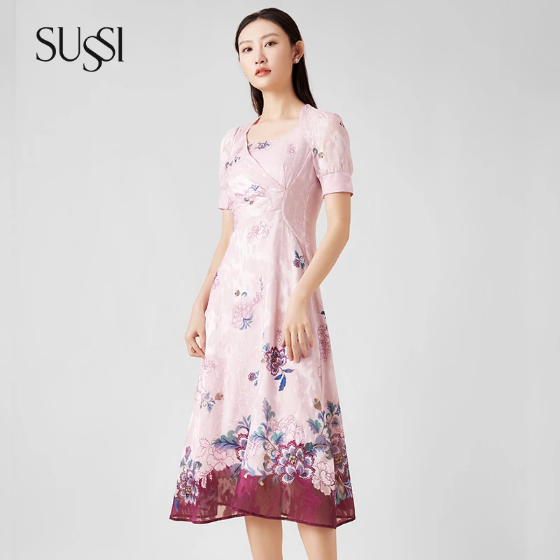 SUSSI/古色25夏商场同款粉色印花方领气质高腰连衣裙复古收腰