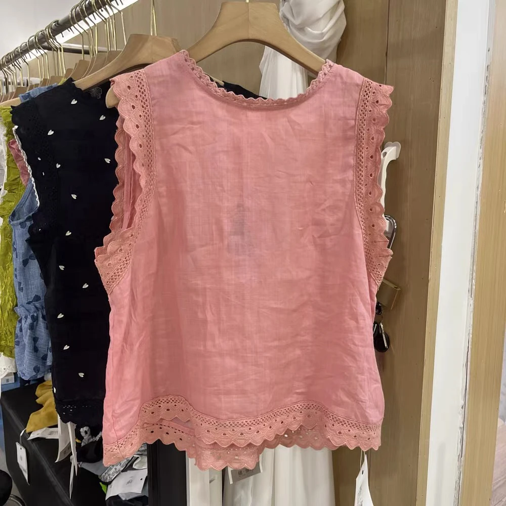 夏季新款粉色无袖圆领蕾丝拼接宽松苎麻衬衫女时尚上衣