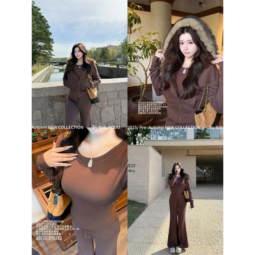 【雪顶摩卡】温与柔 超大毛领加持慵懒松弛感！美式复古显瘦套装
