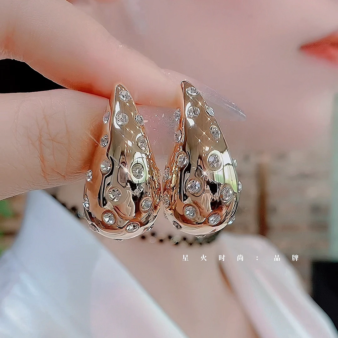 铜合金合成锆石耳饰 924-轻奢水滴明艳高级大气重工气质耳环金色