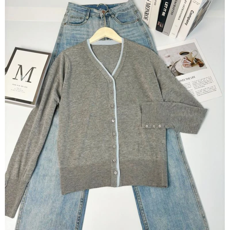 新新定制-V领拼接撞色假两件薄款后背三角标针织衫38727