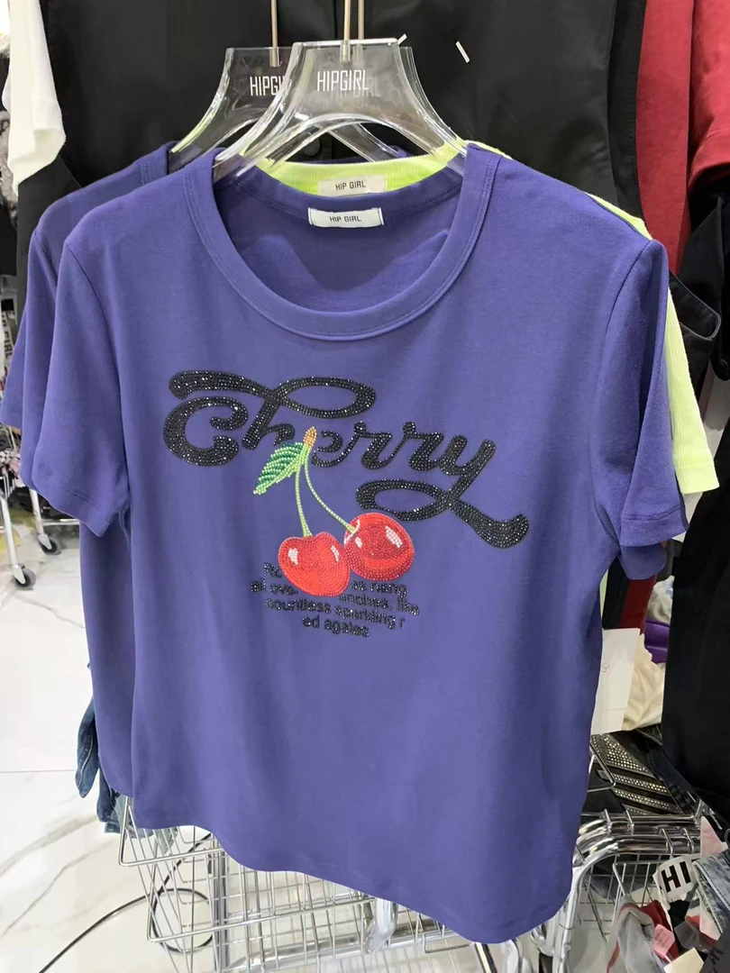 【W1063蓝色樱桃】短袖t恤女打底半袖休闲夏季2025款重工爆款