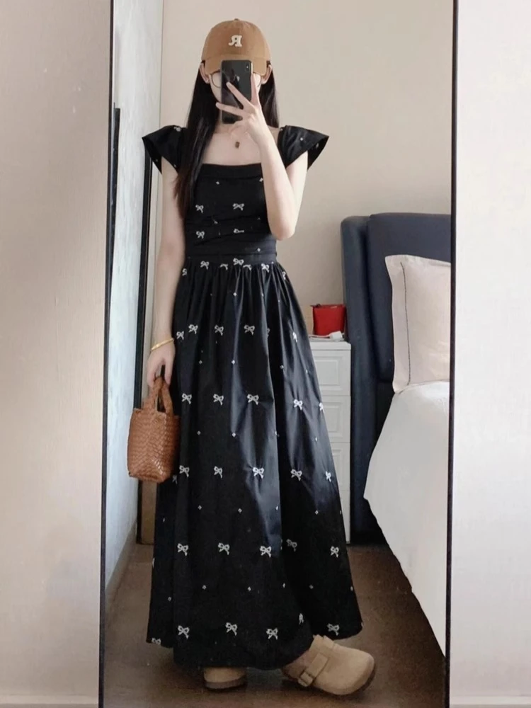 韩系chic夏季法式复古方领蝴蝶结刺绣收腰显瘦飞飞袖长款连衣裙女