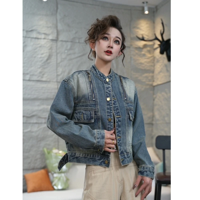 新款时髦街头做旧水洗牛仔外套显瘦拉链时尚百搭款8702