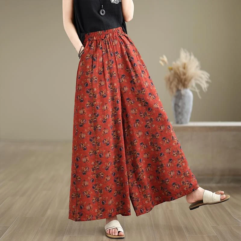 春秋大码女裤大摆裤裙复古慵懒休闲丝麻印花阔腿裤宽松山本裤裙